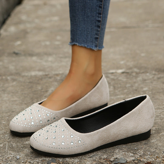 Damen  flache Ballerina-Slipper aus Veloursimitat mit Strassapplikation und gepolsterter Komfortinnensohle EB