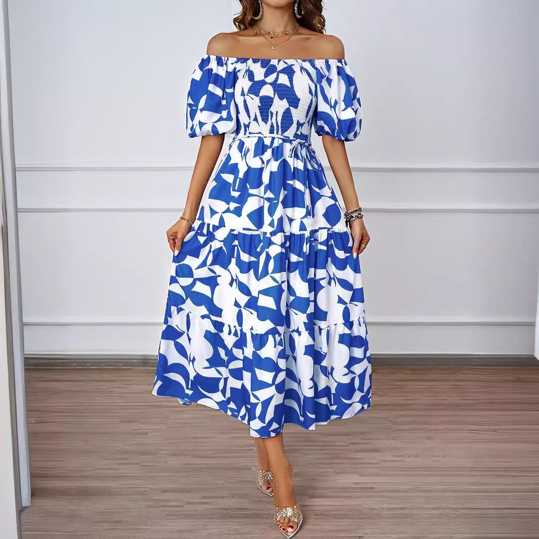Damen Sommerkleid mit elegantem Puffärmel-Design und floralem Muster EB