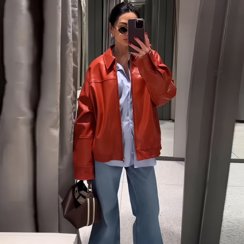 Damen Oversized Kunstlederjacke mit großzügigem Schnitt und modischen Details EB