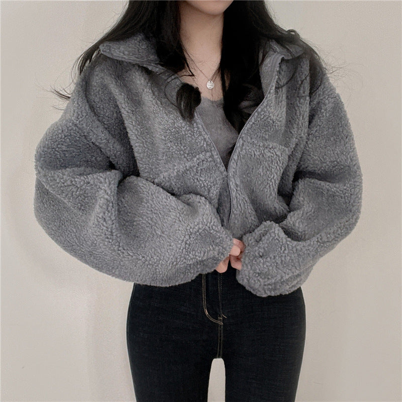 Damen kuschelige Fleece-Jacke mit hohem Kragen und Reißverschluss EB