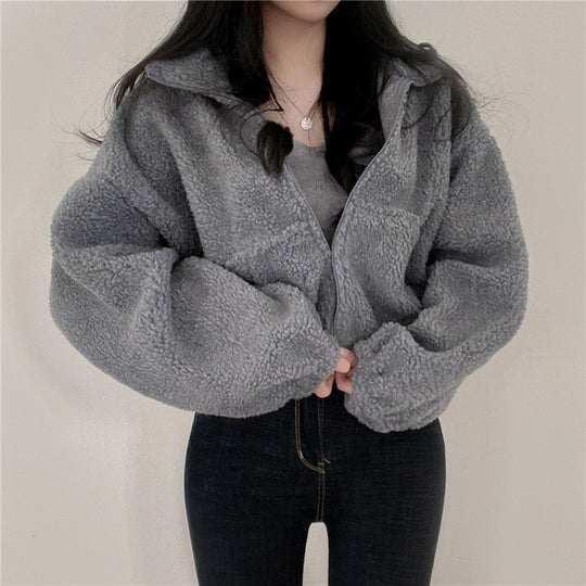Damen kuschelige Fleece-Jacke mit hohem Kragen und Reißverschluss EB