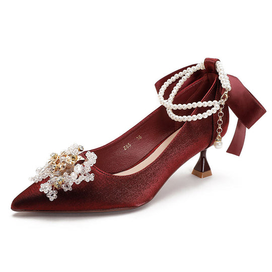 Damen elegante Spitzen-Pumps mit dekorativen Perlen-Details und Riemchen EB