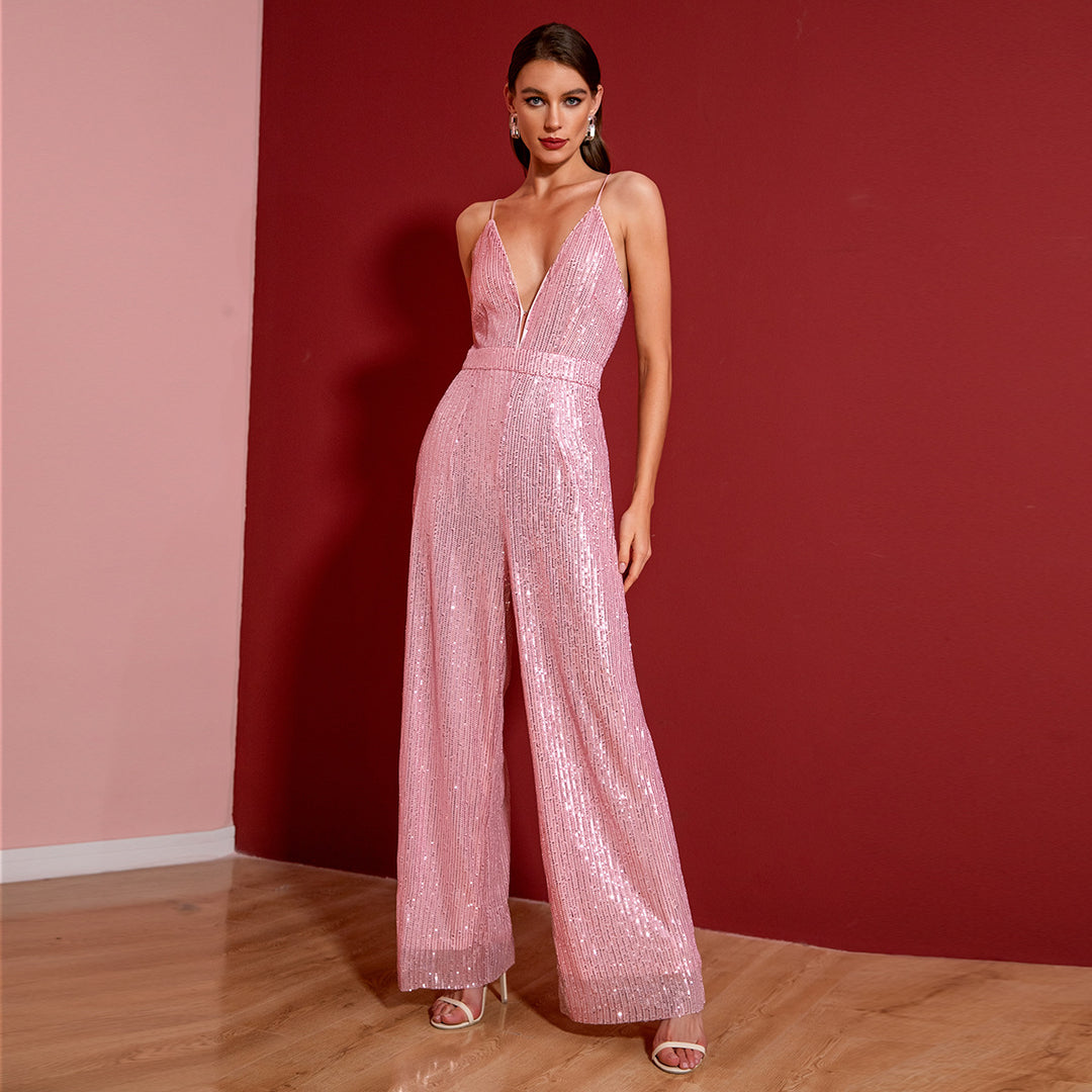 Damen Glitzernder Jumpsuit mit tiefem V-Ausschnitt und weitem Beinschnitt EB