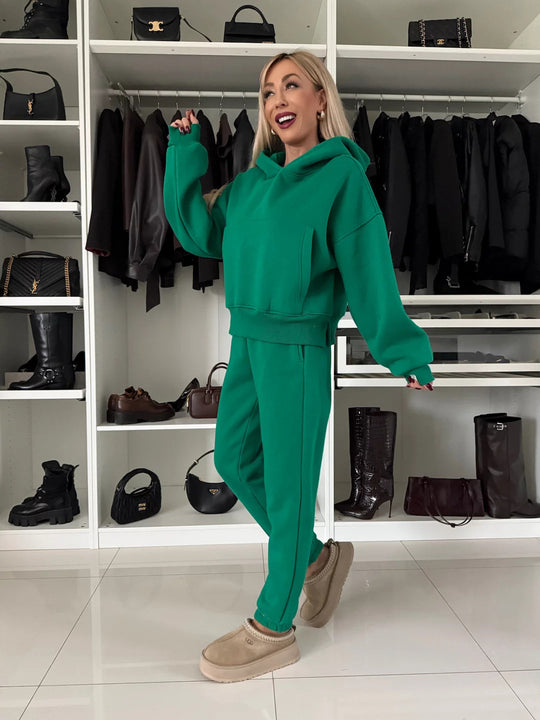 Damen Kurzgeschnittenes Kapuzen-Hoodie und High‑Waist Jogginghose Set aus weichem French-Terry EB