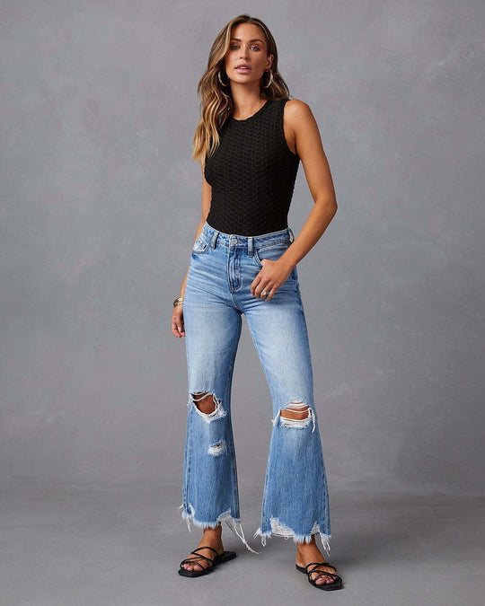 Damen nan hochgeschnittene ausgestellte Destroyed-Jeans mit Knieausfransungen und rohem Saum EB