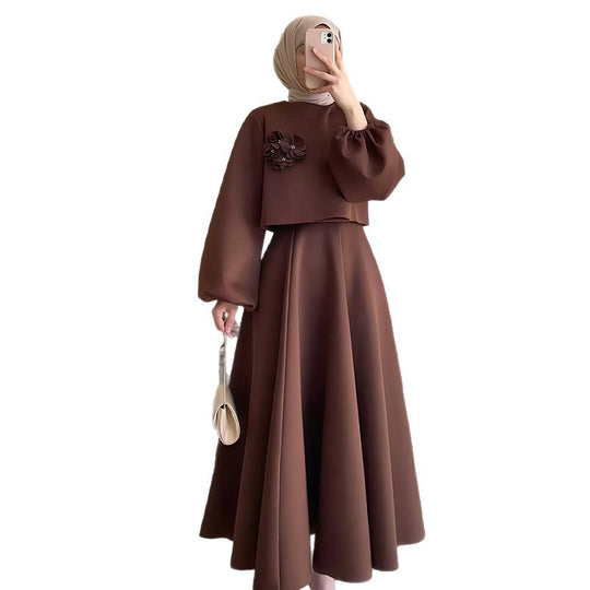 Damen Elegantes Maxi-Kleid mit Puffärmeln und dekorativem Blumen-Detail EB