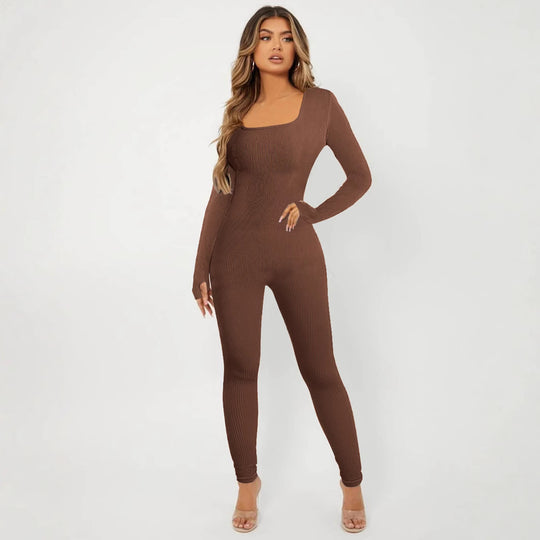 Damen Langarm Jumpsuit im eleganten Rippenmuster EB