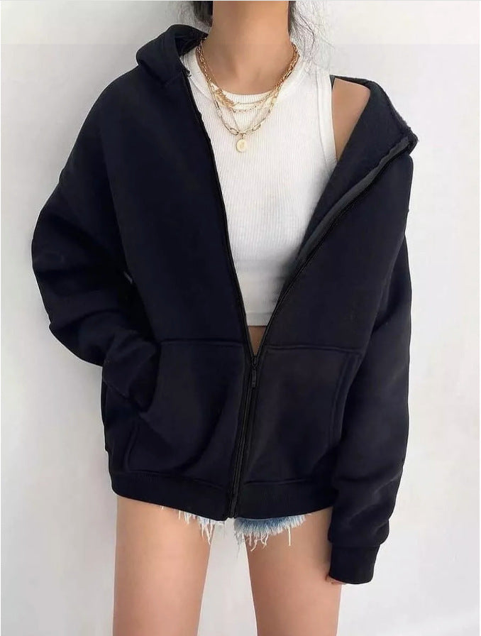 Damen nan minimalistisches French-Terry Zip-Hoodie mit durchgehendem Reißverschluss, Kängurutasche und Daumenloch-Ärmeln EB