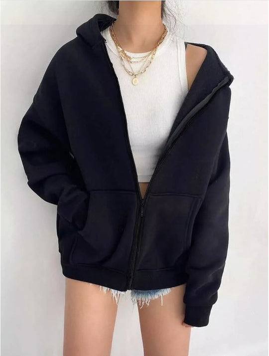 Damen nan minimalistisches French-Terry Zip-Hoodie mit durchgehendem Reißverschluss, Kängurutasche und Daumenloch-Ärmeln EB