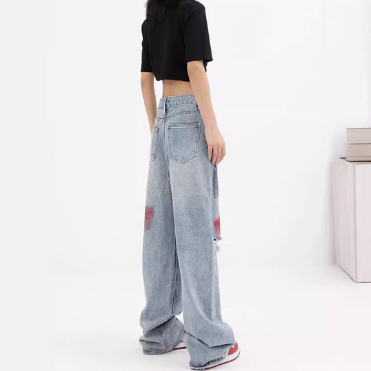 Damen Weite Destroyed Jeans mit bunter Akzentuierung und modischen Rissen EB