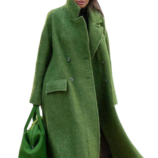 Damen nan Cape-ähnlicher doppelreihiger Wollmantel mit weitem Fall, hohem Stehkragen und Pattentaschen EB