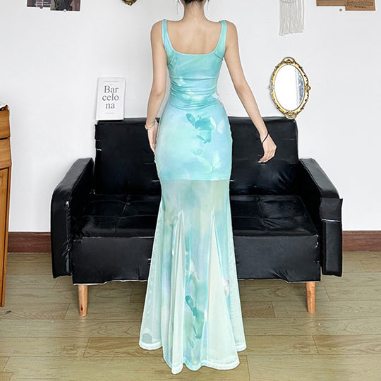 Damen Maxikleid mit transparenten Schichten und floralem Muster EB