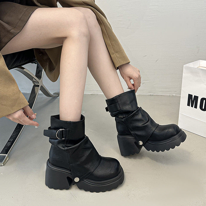 Damen modische Chunky-Boots mit dekorativem Riemen und stabiler Sohle EB