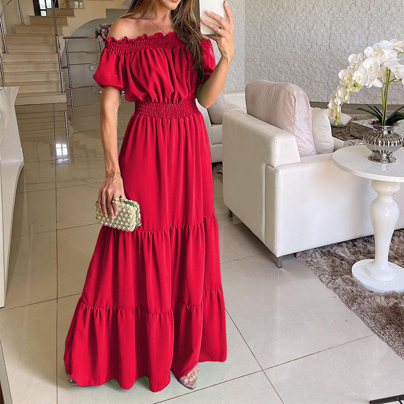 Damen Maxikleid mit schulterfreiem Design und voluminösen Rüschendetails EB