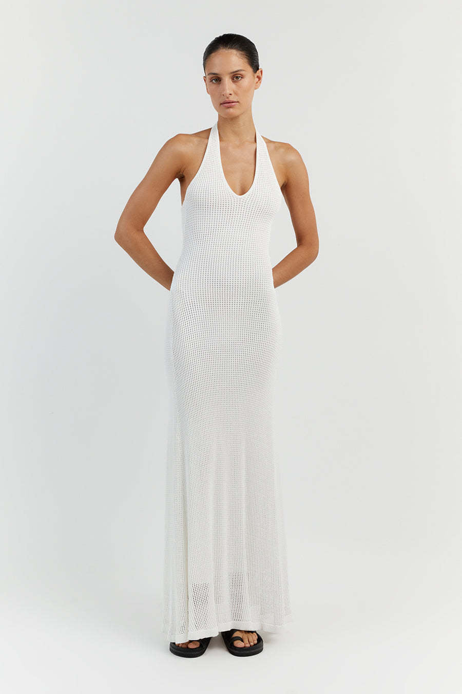 Damen Maxikleid aus feinem Netzstrick mit tiefem V-Ausschnitt EB