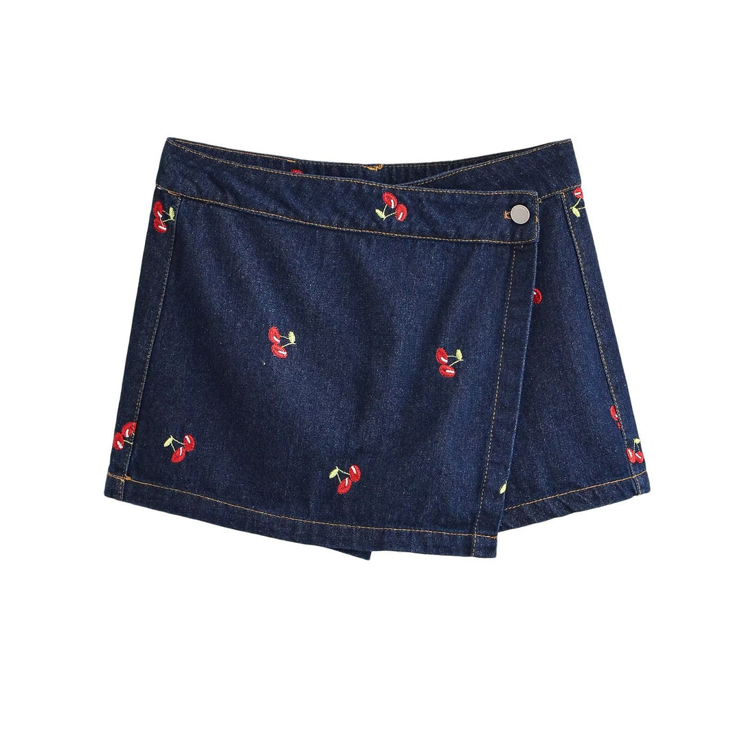 Damen Jeansrock mit verspielter Kirschstickerei und dekorativem Schnitt EB
