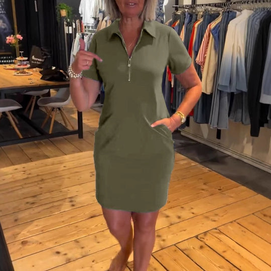 Damen nan legeres Polokleid aus Jersey mit Halbfrontreißverschluss und Eingrifftaschen EB