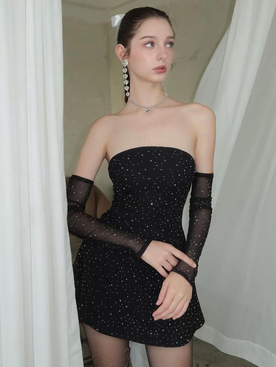 Damen Strapless Minikleid mit funkelnden Applikationen und transparenten Ärmeln EB
