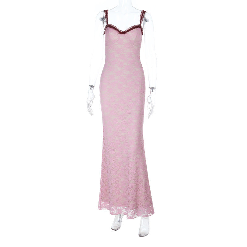 Damen Elegantes Spitzenmaxikleid mit feinem Trägerdesign EB