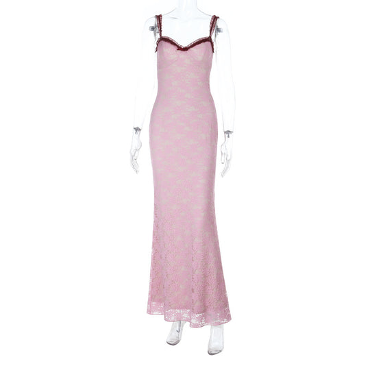 Damen Elegantes Spitzenmaxikleid mit feinem Trägerdesign EB