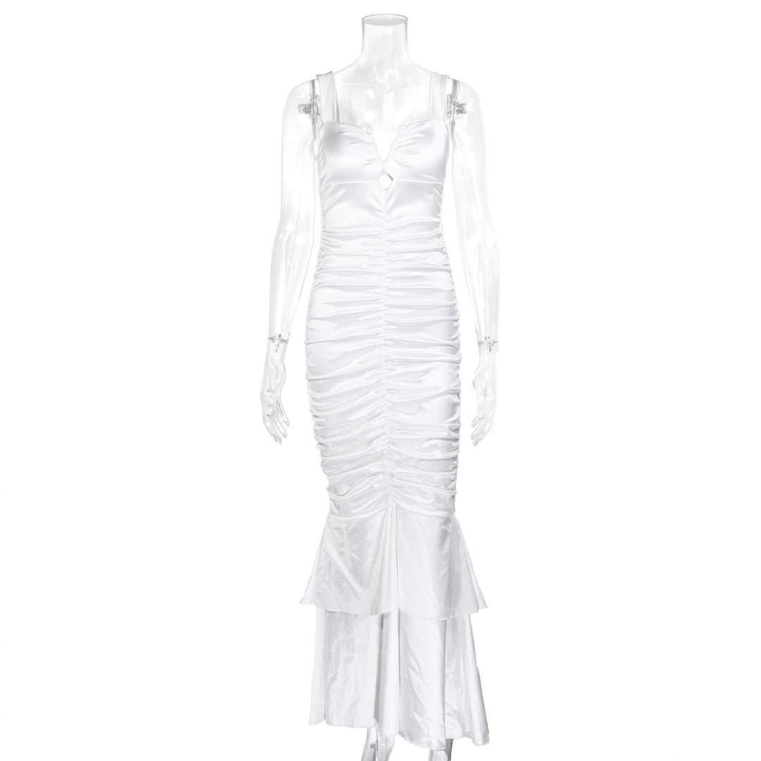 Damen Figurbetontes Satin-Maxi-Kleid mit Rüschendetails EB