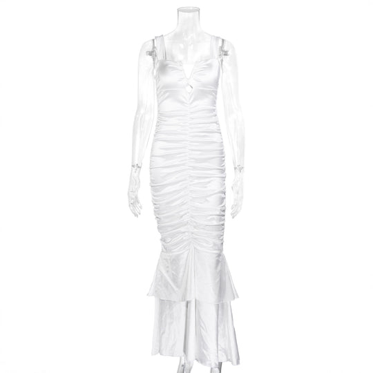 Damen Figurbetontes Satin-Maxi-Kleid mit Rüschendetails EB