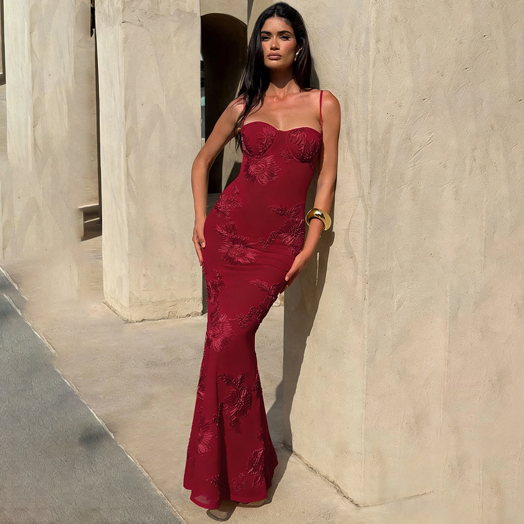 Damen Elegantes Bodenkonturierendes Maxikleid mit Spaghettiträgern und floralem Design EB
