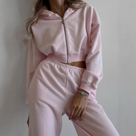 Damen Zweiteiliges Cropped-Zip-Hoodie Set mit taillenhoher Relax-Jogginghose und elastischem Bund EB