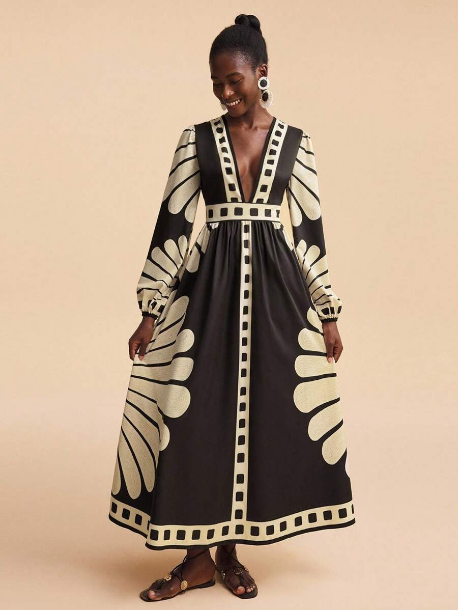 Damen Maxi-Kleid mit tiefem V-Ausschnitt und extravaganten Ärmel-Designs EB