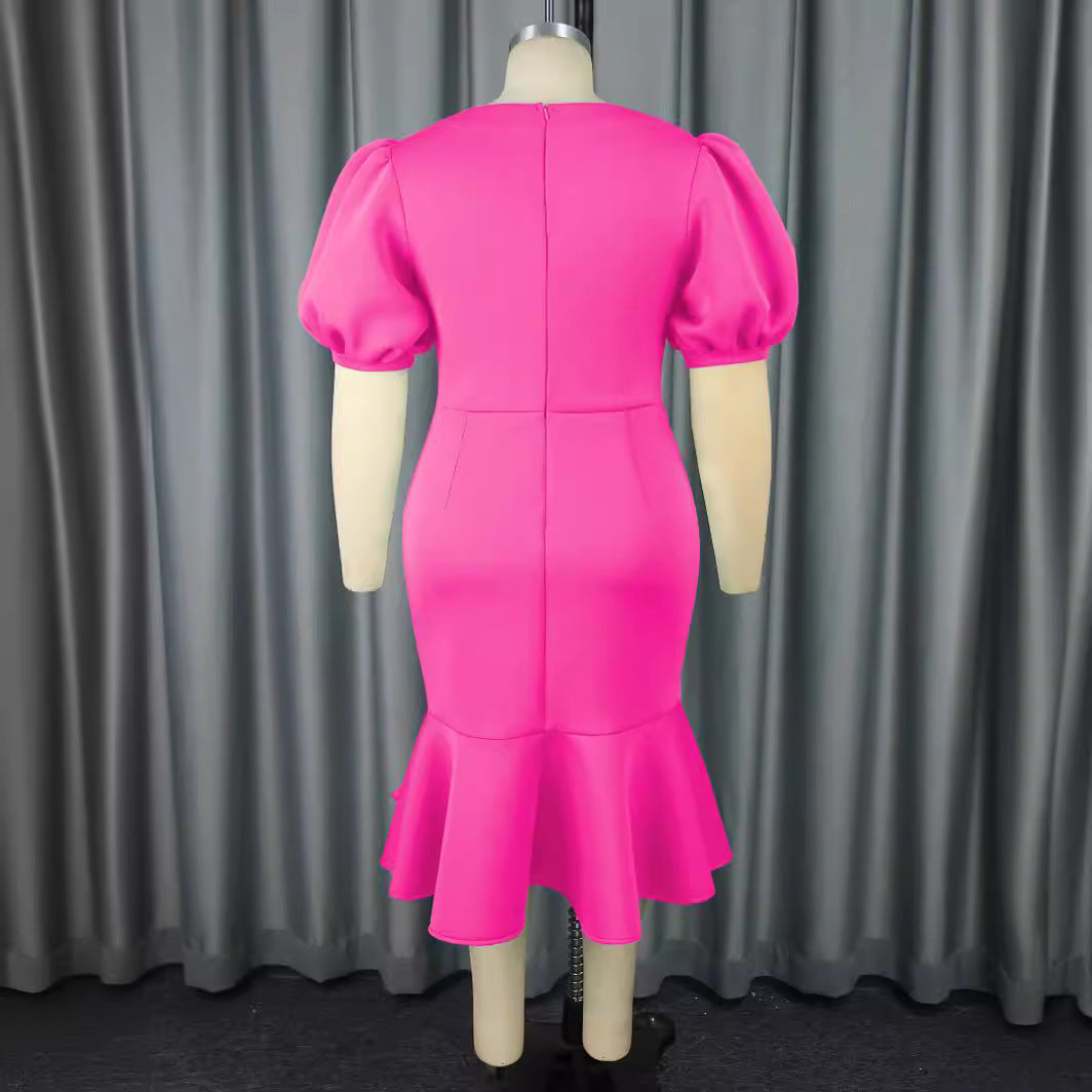 Damen figurbetontes Kleid mit voluminösen Puffärmeln und elegantem Rüschenabschluss EB