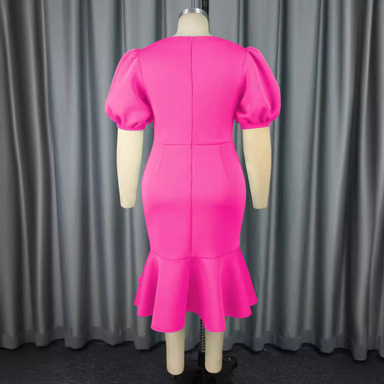 Damen figurbetontes Kleid mit voluminösen Puffärmeln und elegantem Rüschenabschluss EB