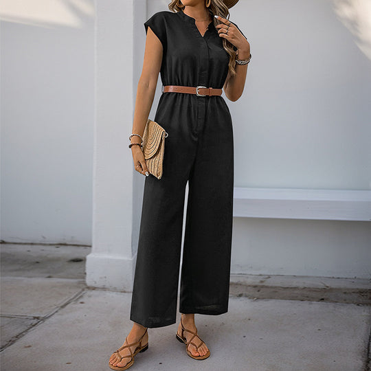Damen eleganter Jumpsuit mit weitem Bein und taillierbarem Gürtel EB