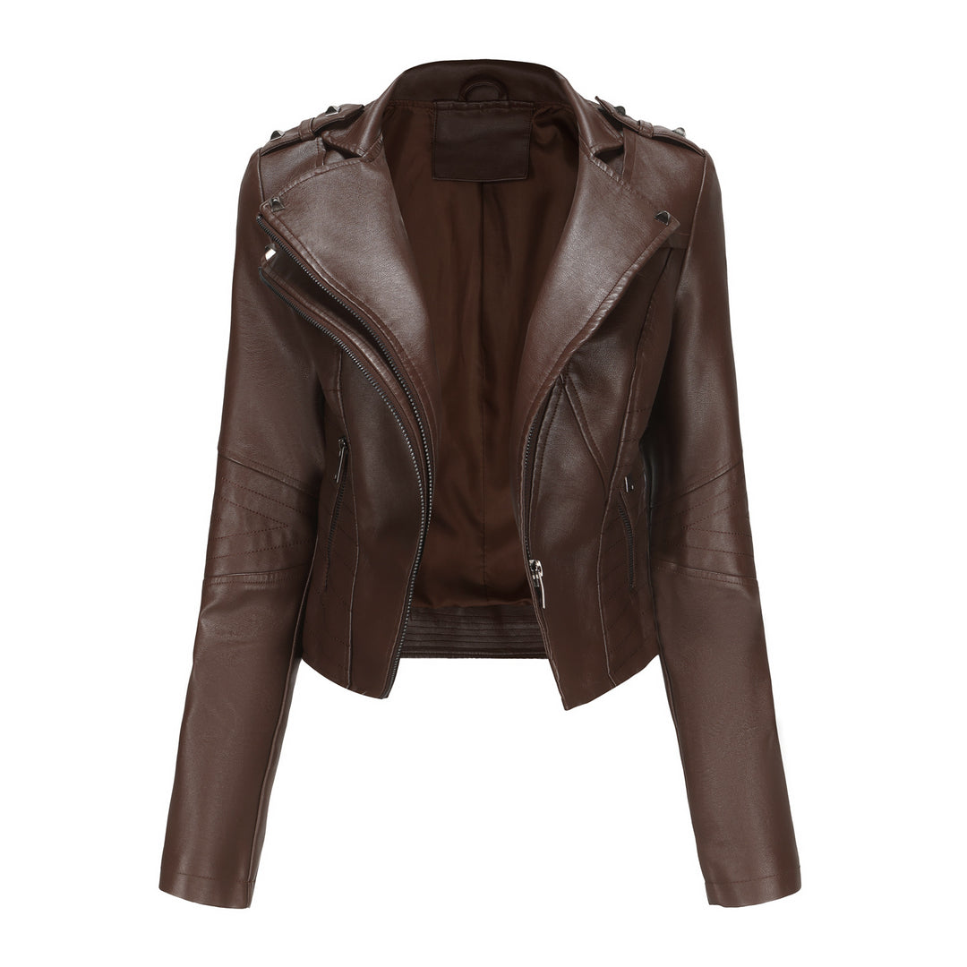 Damen stylische Bikerjacke mit asymmetrischem Reißverschluss und Detailnähten EB