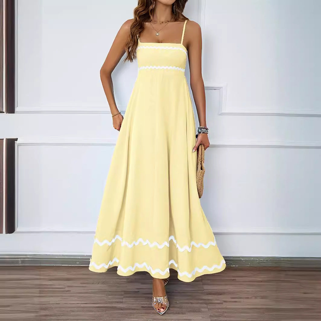 Damen Lange Maxi-Kleid mit Spaghetti-Trägern und dekorativem Saum EB