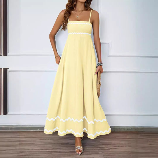 Damen Lange Maxi-Kleid mit Spaghetti-Trägern und dekorativem Saum EB