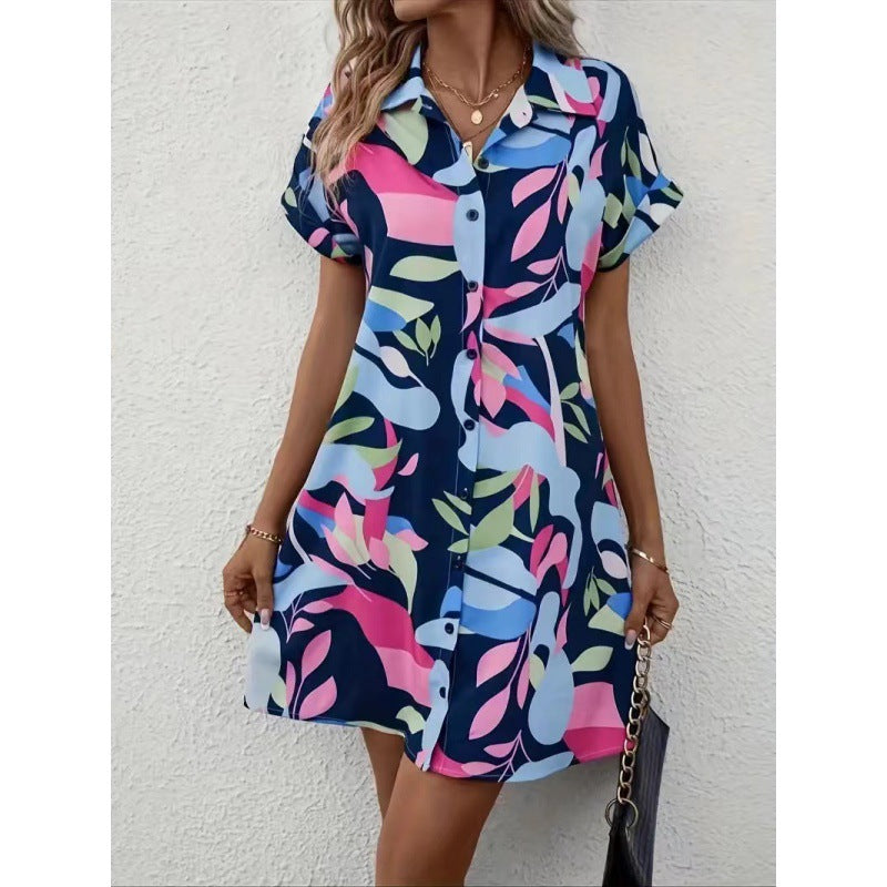 Damen Kurzarm Knopf-vorne Hemdkleid EB