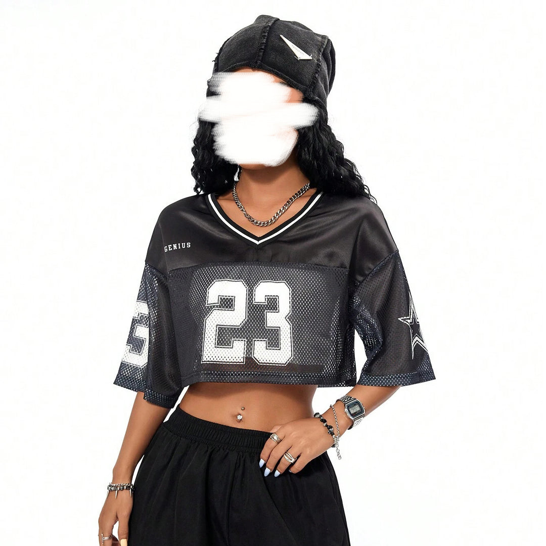 Damen sportliches Crop-Top aus atmungsaktivem Mesh-Material mit Nummer CD-EB
