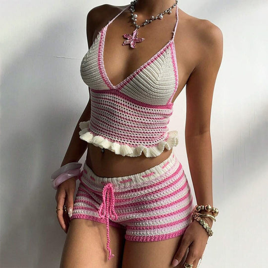 Damen Häkel-Set mit voluminösem Oberteil und Shorts EB