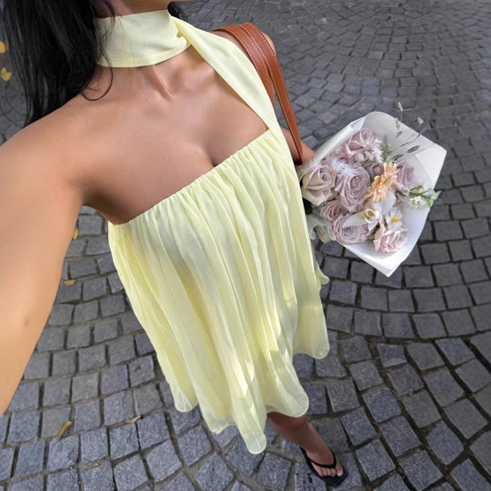 Damen kurzes Sommerkleid mit elegantem Bindegürtel und fließendem Design EB