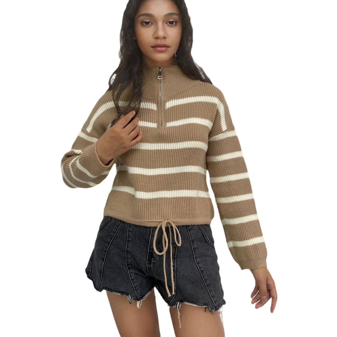 Damen Strickpullover mit halbem Reißverschluss und lässiger Übergangsstruktur EB