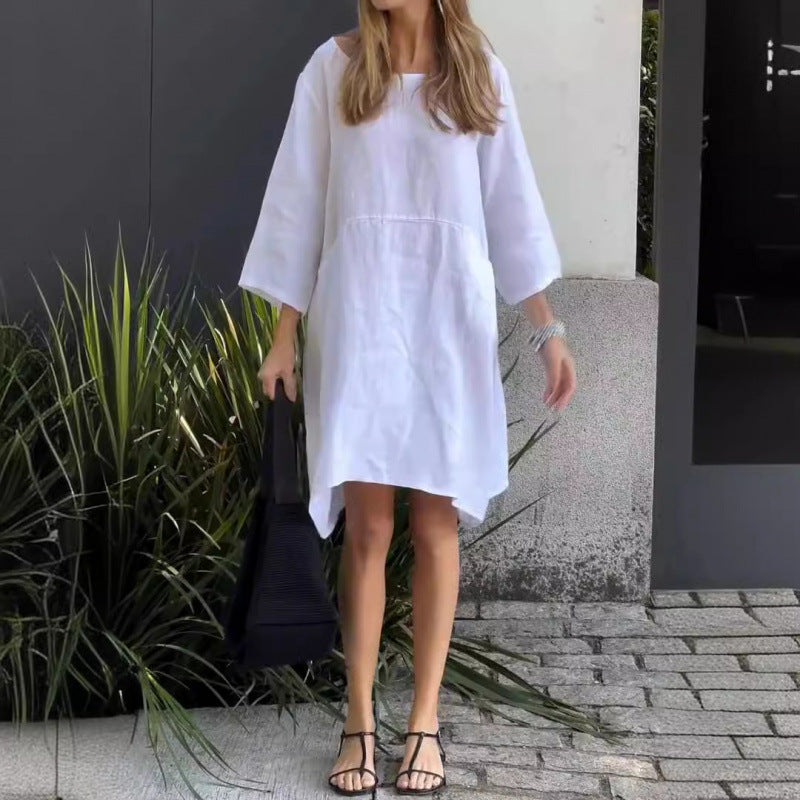 EB | Lässiges einfarbiges Kleid aus Baumwolle mit Taschen