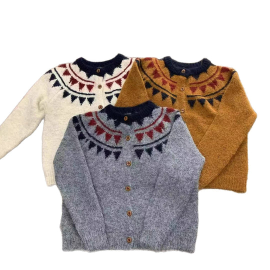 Damen kuscheliger Strickcardigan mit grafischem Norweger-Muster und Holzknopfdetails EB