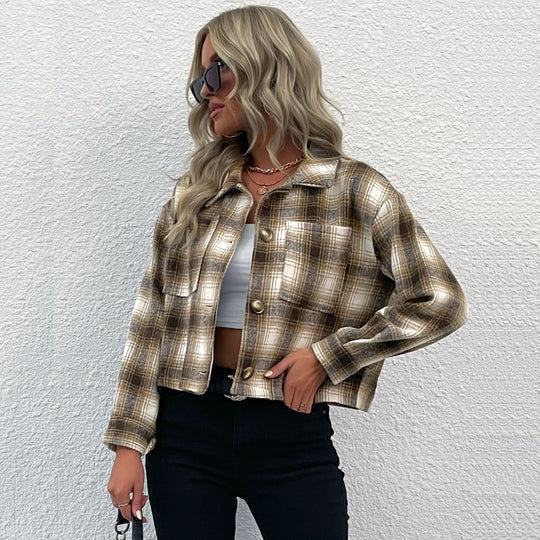 Damen karierte Kurzjacke im lässigen Schnitt mit praktischen Taschen EB