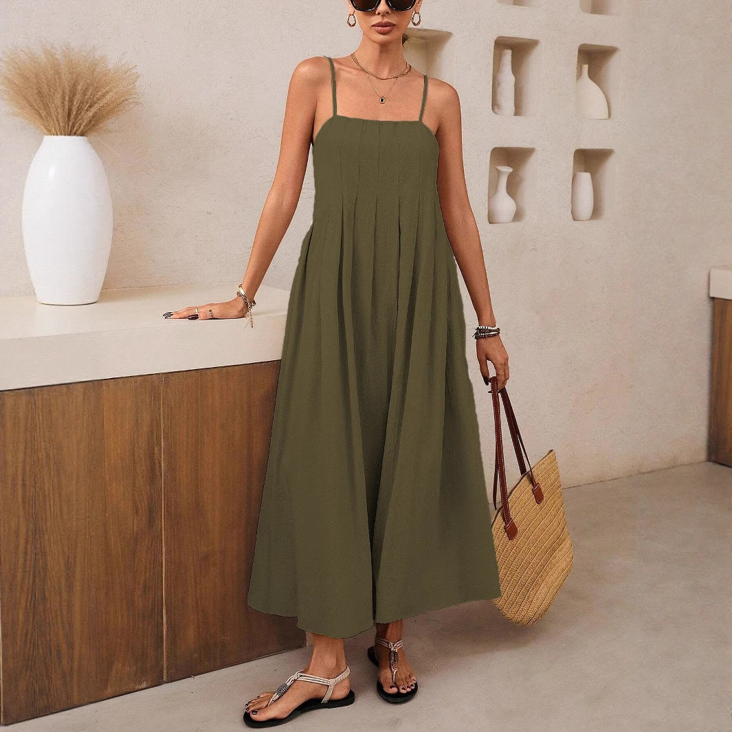 Damen Langärmliges Maxikleid mit Faltenwurf und Spaghettiträgern EB