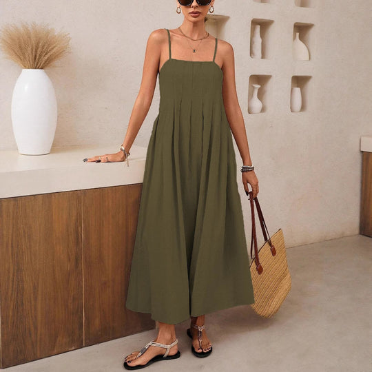 Damen Langärmliges Maxikleid mit Faltenwurf und Spaghettiträgern EB