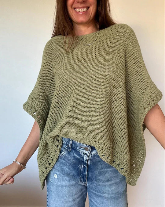 Damen Leichtes Oversize Strickponcho mit Häkelkante EB