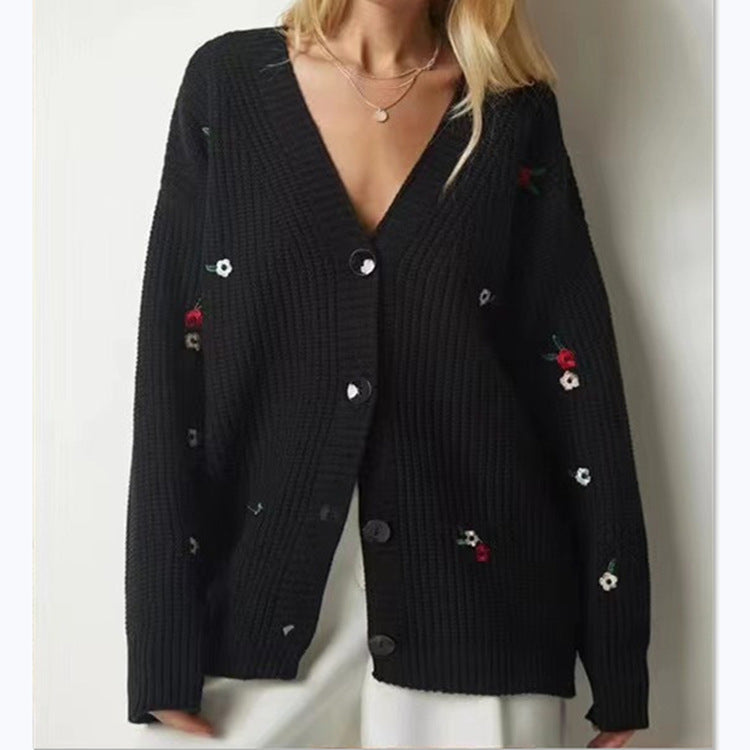 Damen Strickjacke mit floralem Stickdesign und komfortablem Schnitt EB