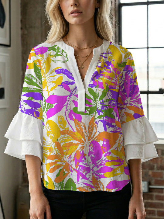 Damen Blusenshirt mit voluminösen Ärmeln und floralem Muster EB