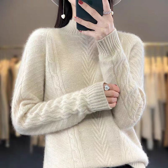 Damen Grobstrickpullover mit Zopfmuster und elegantem Rundhalsausschnitt EB