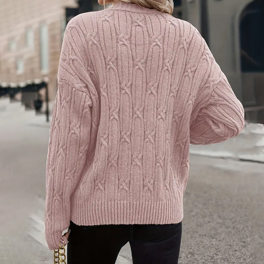 Damen Strickpullover mit V-Ausschnitt und Zopfmuster EB
